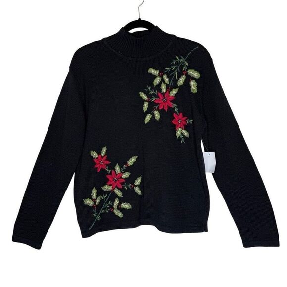 Dress Barn Sweaters - NEW Vintage Dressbarn Black Embroidered Poinsettia Swtr Sz XL Christmas NWT